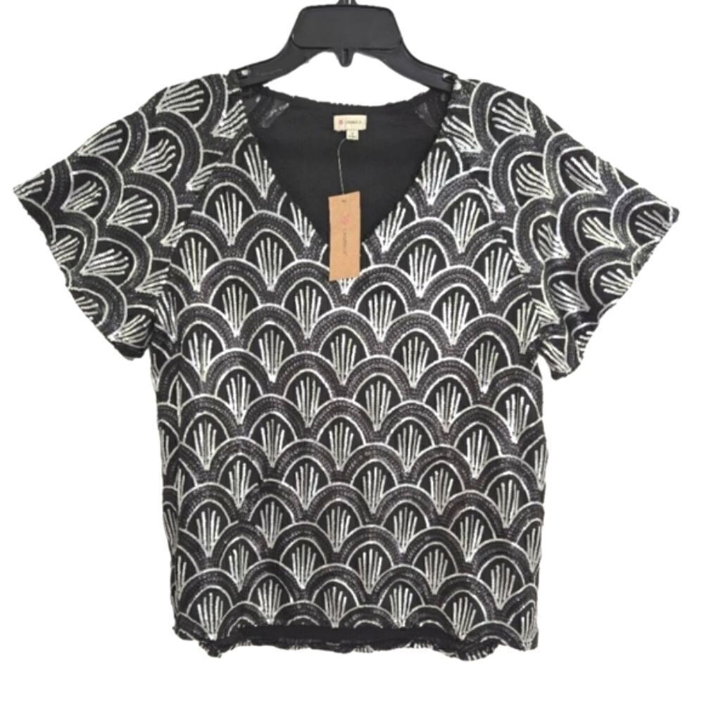 Cremieux Mary blouse black silver Glam sequin short sleeve dressy top S